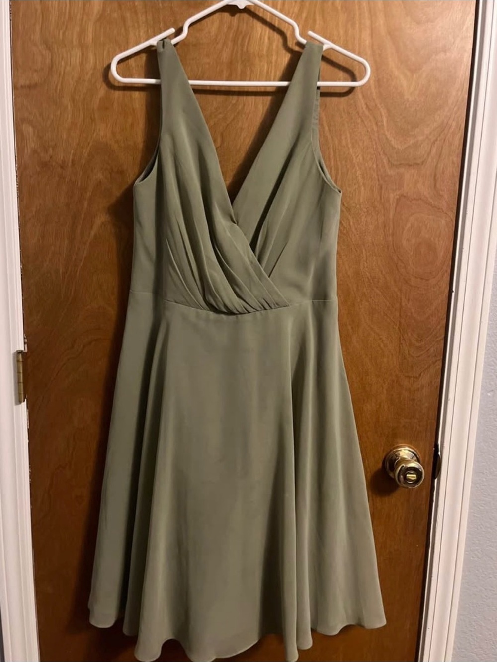 David's Bridal Olive Green V-Neck Midi Dress